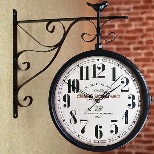 PLSZLL Horloge Murale de Jardin extérieure, horloges industrielles Double Face, Horloge de Gare Vintage rotative à 360 ° avec Support de Gare, Horloge Suspendue en Fer forgé