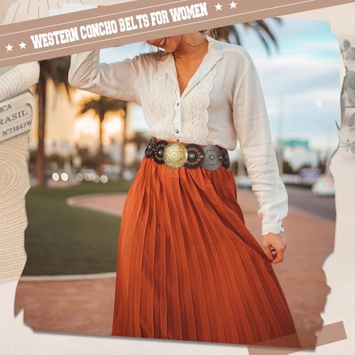 Image of XZQTIVE Western PU Leather Belts for Woman Concho Cowgirl Cowboy Disc Belt for Ladies Wide Boho Country Waist Belts for Dress
