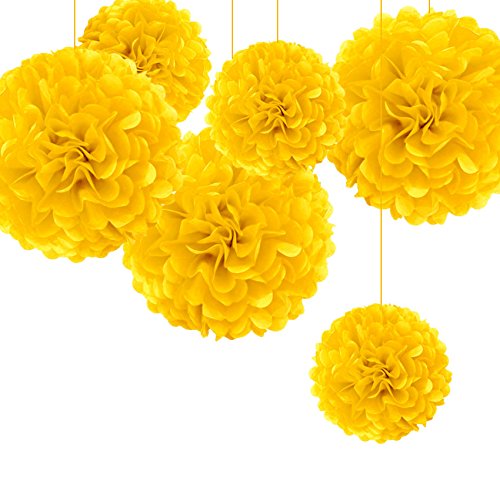 Little Snow Direct 6 Pieces Mixed Tissue Paper Pom Poms Flower Wedding Party Garlands Birthday Gift Wrap Nursery Home Decoration - Yellow Gold, 8 Inch and 12 Inch