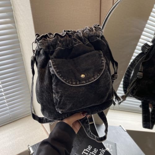 Denim Crossbody Bag Small Drawstring Phone Bag Casual Bucket Purse Shoulder Messenger Bag2