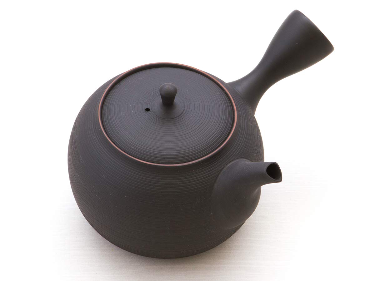 Japanische Teekanne Sendan Sen Kaku, Keramik Kyusu Tokoname Japan. Schwarz. Integriertes Tee-Sieb, Nicht glasiert