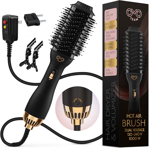 Image of Manual Dual Voltage Blowout Hair Dryer Brush, Professional Hot Air Brush for European Travel 110V-120V /220V-240V, Black Gold Dryer and Volumizer for Women, 2.4 INCHES Oval Shape