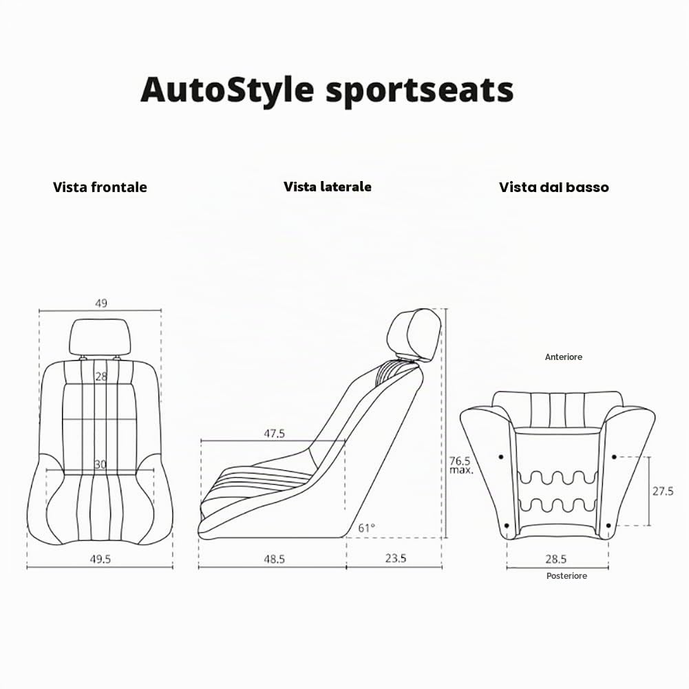 Sedile Sportivo 'Classic' - Finta pelle Nero - Schienale Fisso + Poggiatesta - incl. Slitte