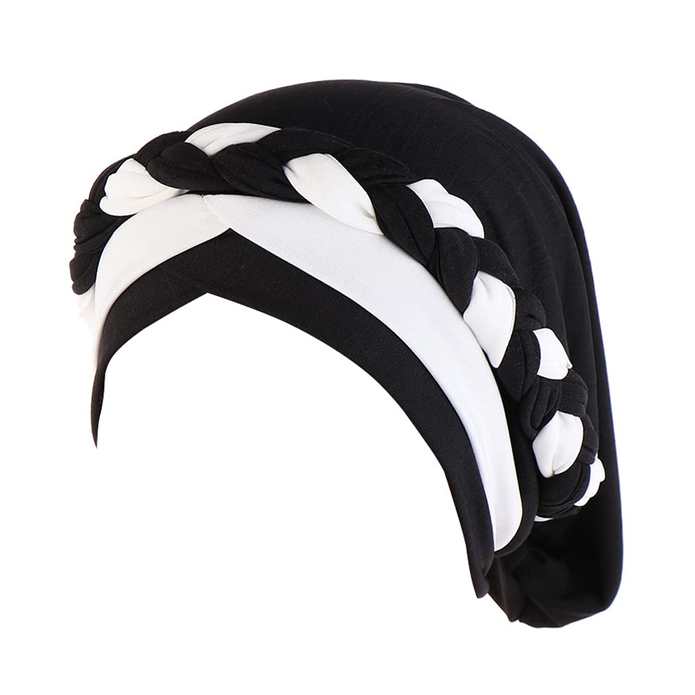 Fxhixiy Women's Black White Hijab Braid Silky Turban Hats For Cancer Chemo Beanies Cap Headwrap Headwear, One Size
