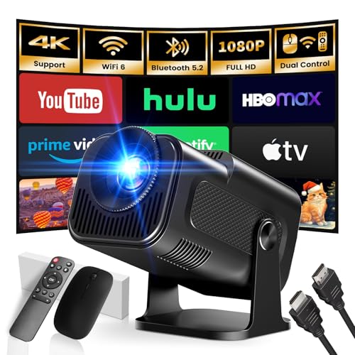 Image of Mini Projector 2025 Upgraded Dual Control 1980x1080P 4K Support Portable Video Projector WiFi 6 BT5.2 180° Keystone Compatible with TV Stick/Memory Stick/Smartphone/USB/Laptop, Black