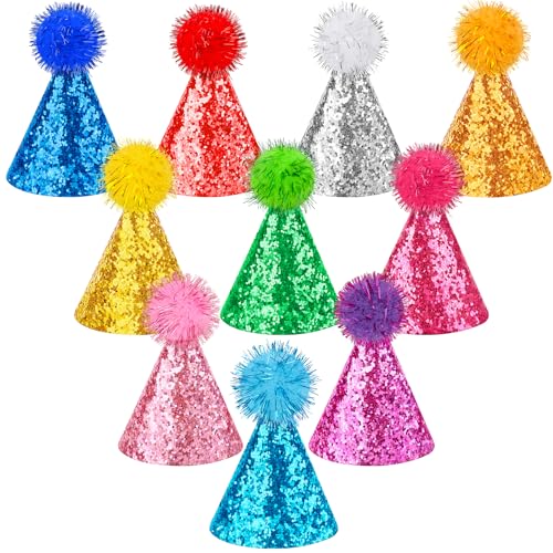 Hooqict 10 PCS Mini Small Party Hats for Stuffed Animals Birthday Party Cone Hats with Pom Poms for Baby Small Dogs Cats Party Animals Toy Figures Assorted