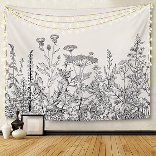 Emvency Tapestry Floral Border Herbs And Wild Flowers Botanical Engraving Style Black And White Home Decor Wall Hanging 50" X 60" Inches Print For Living Room Bedroom Dorm #TOP4
