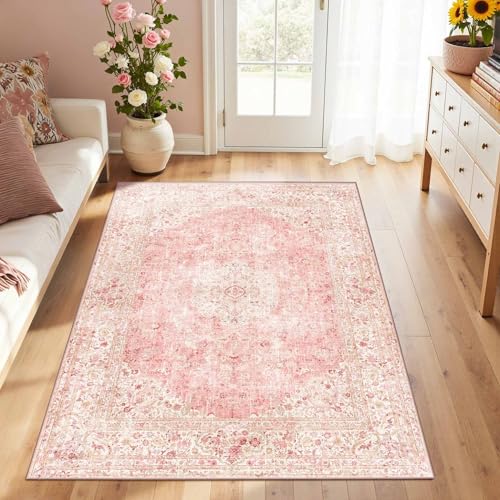 Latte&Fog 3x5 Entryway Pink Area Rugs, Vintage Floral Washable Rugs