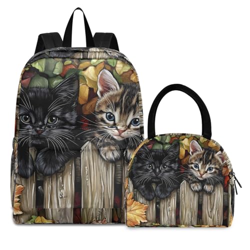 Backpack Lunch Box Set Large Capacity Travel Backpacks and Insulated Lunch Bag for Commute Hiking Picnic Cats on Fence Print