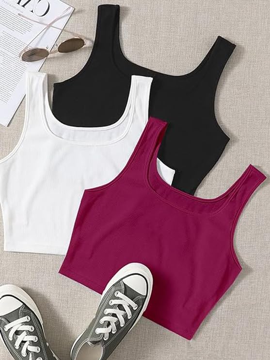 Image of Toochki Women's Knitted Sleeveless Solid Sqaure Neck Ribbed Tank & Crop Tops (Pack of 3)