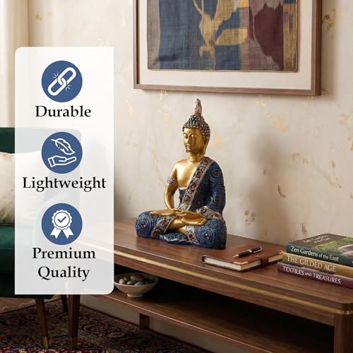 Image of Kuber Industries 6x8 Inch Meditating Sitting Buddha Idol Statue for Living Room | Resin Buddha Showpiece for Home Decor, Office, Temple & Gifting Item | Blue