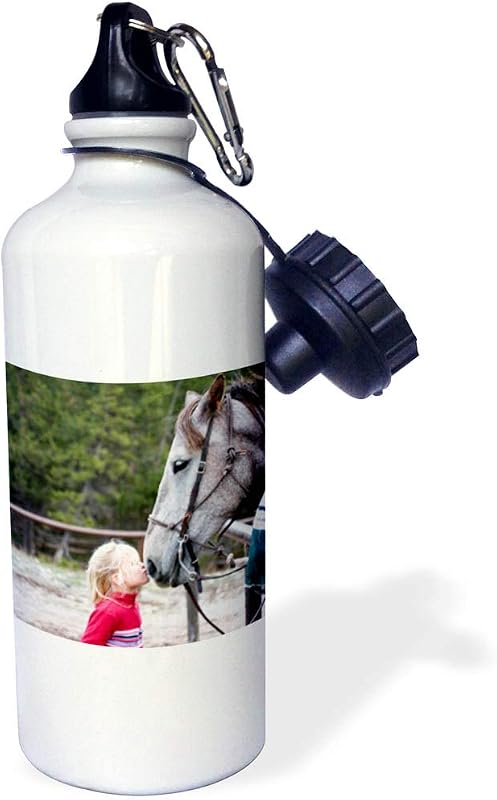 3dRose Wyoming. Grand Tetons Np, Girl Kisses Horse Us51 Lho0026 Lisa Hoffner Botella de agua deportiva, 21 oz, blanco
