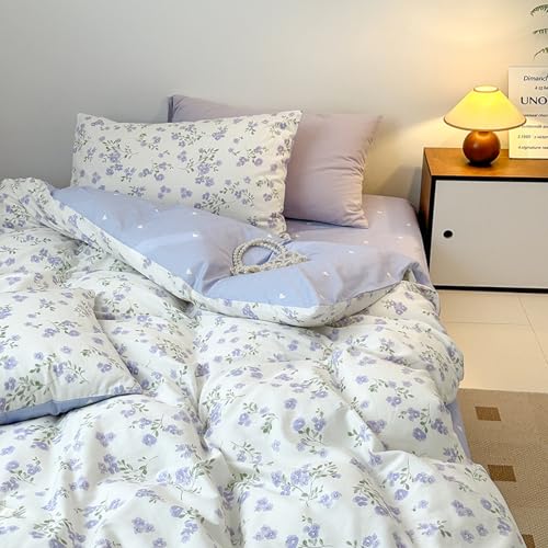 Housse de couette fleurie 220x240 cm blanche et violette avec 2 taies Freyamy