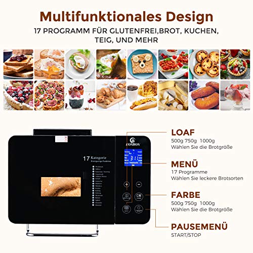 EONBON 17 in 1 Brotbackautomat Edelstahl, Brotmaschine mit 2 Schnellheizer, Keramik-Pfannen, Zutatenspender, Glutenfrei… – Bild 3