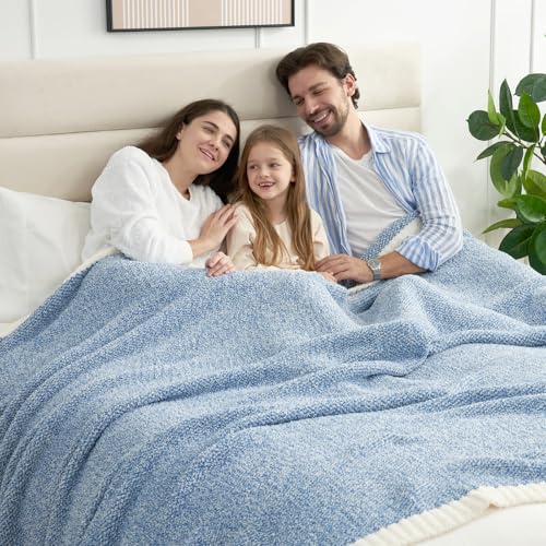 Image of Snuggle Sac Queen Size Bed Blanket Heather Blue, Reversible Super Soft Microfiber Blankets Warm Cozy Knit Fuzzy Plush Bed Blankets, Blue, Queen 90x90
