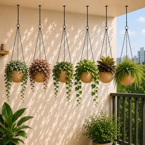 Image of Go Hooked Henri Hanging Planter Pot for Indoor & Outdoor Plants Pack of 6 | 7 Inch Plastic Hanging Pots with Metal Chain | Decorative Round Hanging Planter for Balcony, Garden & Home Decor (Sandstone)