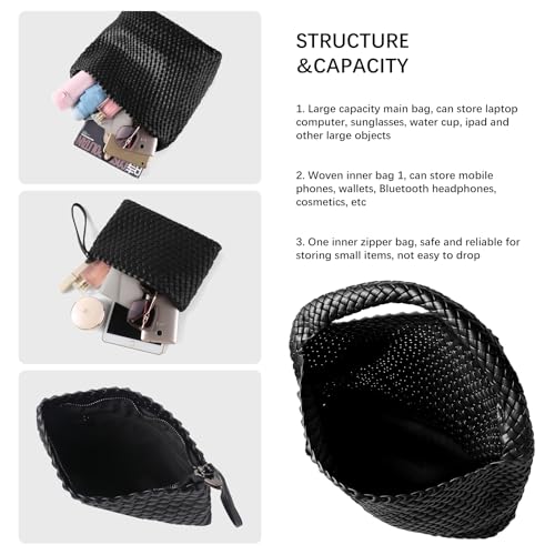 Image of Woven Bag for Women Vegan Leather Tote Bag Large Summer Beach Travel Handbag and Purse Retro Handwoven Shoulder Bag