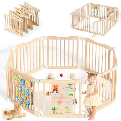Image of Foldable Wooden Playpen - Adjustable Wood Baby Play Yard with Child-Proof Lock, Indoor Large Safety Fence for Babies and Toddlers - Easy Assembly, 55 x 55 x 24 inches, Dino Land, Natural