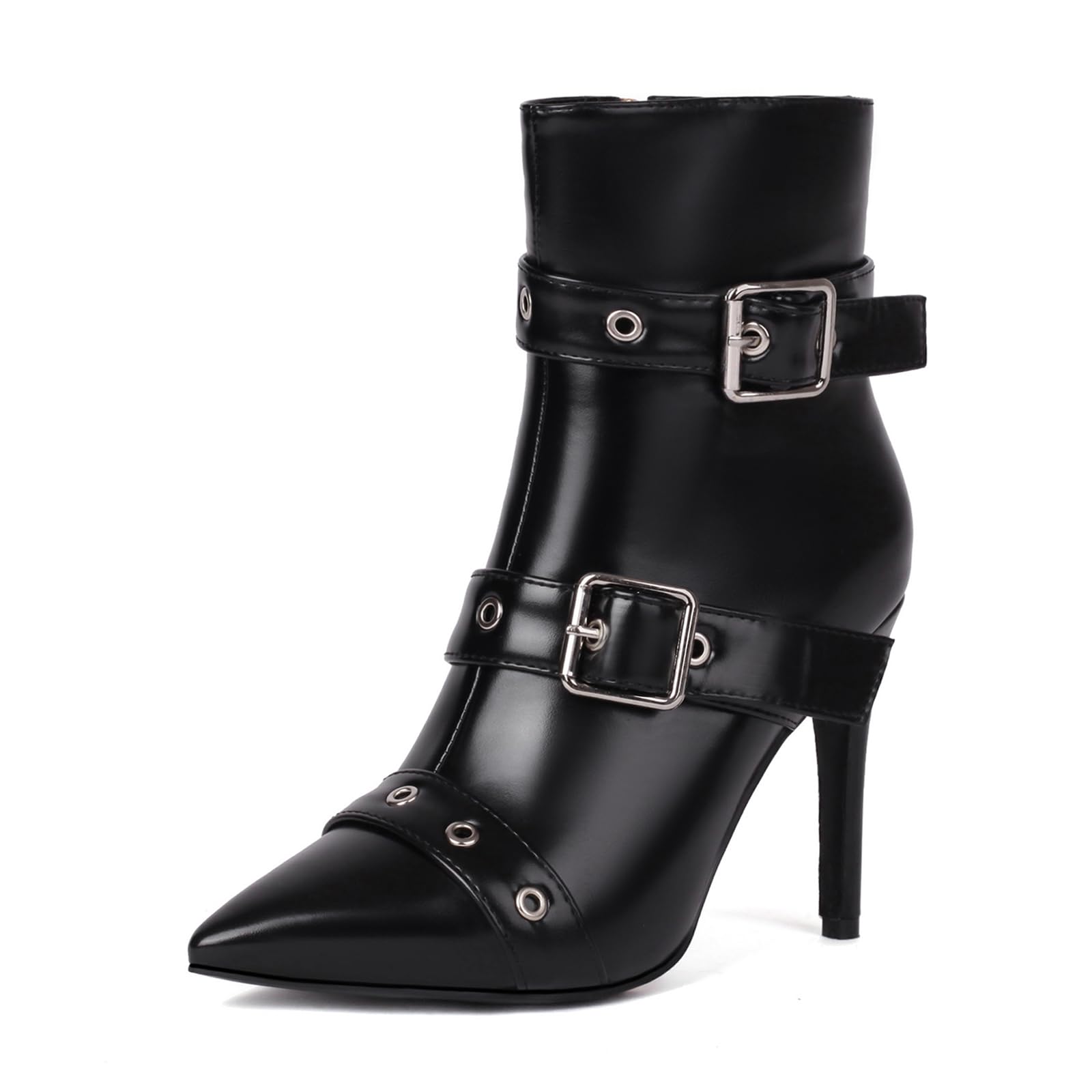 Womens Pointed Toe Buckle Strap Stiletto Ankle Boots Fashion Closed Toe Side Zipper High Heel Booties For Dressy