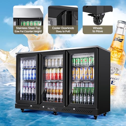 BODEGACOOLER Commercial Bar Cooler With 3 Glass Doors,12 Cu.Ft Counter Height Back Beverage Refrigerator,Display Bar Fridge with LED Lighting,Beverage Cooler for Beer Stainless Steel Top,With Casters on Fridge.com