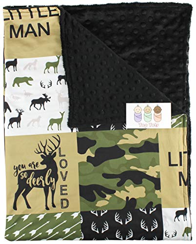 Image of Baby Blanket - Minky Deer, Fox, Moose, Goose, Bear, Antlers and Arrows, Gold with Green and Black Camouflage