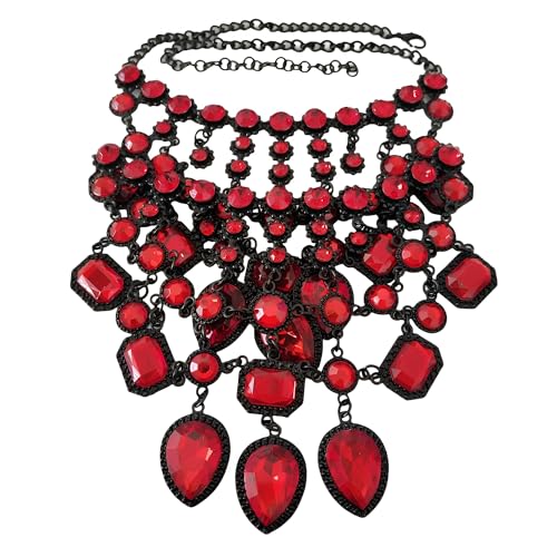 925 Sterling Silver Bib Jewelry Sets For Women - ZA Indian Ethnic Round Water Drop Crystal Tassel Necklace Earrings Jewelry Sets Statement Large, Chunky Rhinestone Necklace (Red - Bib Necklace)