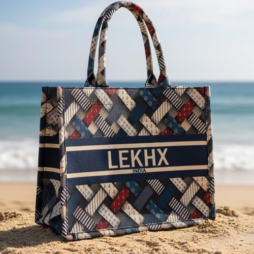 Image of LX LEKHX Designer Tote Bag for Women | Premium Laminated Jute Canvas Handbag with Geometric Print | Stylish Spacious Office, College, Travel & Laptop Bag (Fits 16 Inch)