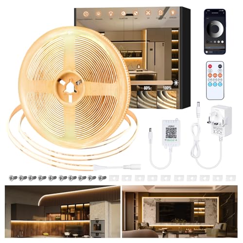 MEIKEHUI COB LED Strip Lights 3000K Warm White 10M 24V Dimmable LED Strip Kit, with Remote and app Control,LED Tape Lights CRI90+ for DIY Home Decoration