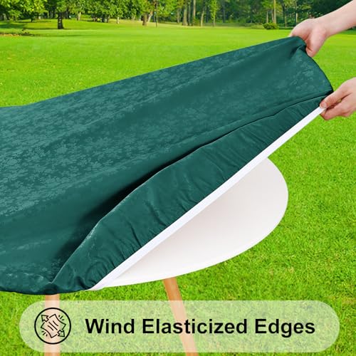 Image of Smiry Waterproof Heavy Duty Vinyl Fitted Tablecloth for 36 inch-44 inch Round Table | Elastic Plastic Table Cloth, Wipeable Washable Floral Patio Table Cover for Picnic, Kitchen and Dining, Green