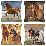 peakman Horse Decorative Throw Pillow Covers 18 x 18 Inch Set of 4, Western Oil Painting Vintage Wild Horse Running Decor Outdoor Fall Pillow Cases for Home Couch