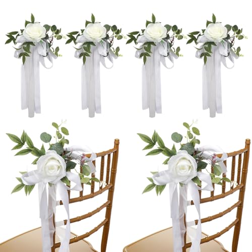 Jorzer Lot de 6 compositions de roses artificielles avec feuilles et rubans pour cérémonie, fête, chaise, banc d'église, blanc
