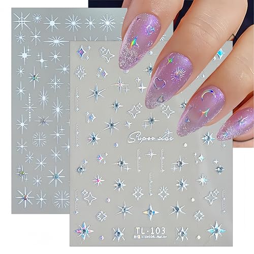 Glitter Diamond Stars Nail Art Stickers 3D Self-Adhesive Crystal Silver