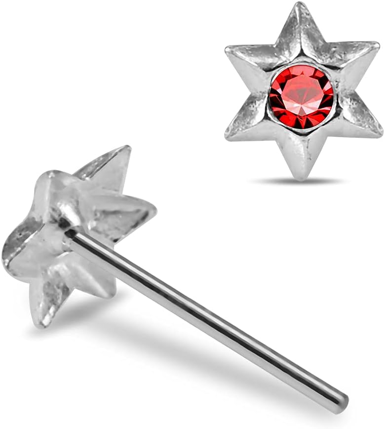 Crystal Stone Hexagon Star Design 22 Gauge 925 Sterling Silver Straight Nose Pin - Nose Stud - Tiny Nose Ring - Nose Piercing Body Jewelry
