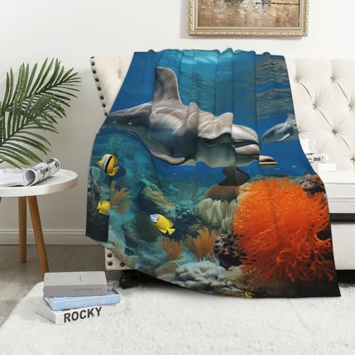 Couverture réversible flanelle douce lit motif dauphins - 2