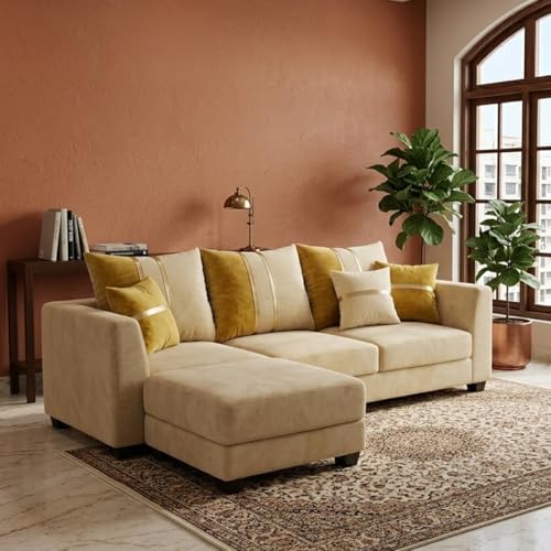 Image of Vero 4 Seater L Shape Sofa Set with Movable Ottoman | Flexible Left or Right Layout | Luxury Velvet Suede Fabric | Modern Living Room Sofa | Cream