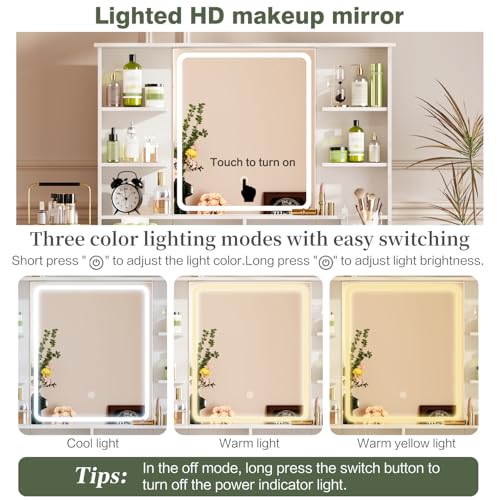 YYJ Makeup Vanity Desk with Large Mirror and Lights&Charging Station,3 Lighting Modes,Desk Vanity with 8 Storage Drawers and 8 Shelves,Makeup Table for Bedroom,Dressing Table with Nightstand,White