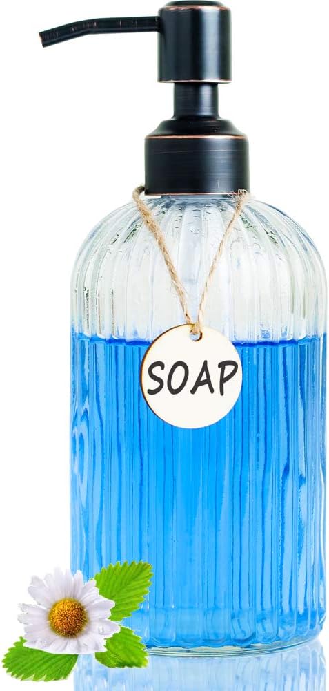 Glass Soap Dispenser with Oil Rubbed Bronze Pump, Refillable Liquid Soap Dispenser for Bathroom, Kitchen, Hand Soap, Dish Soap 18OZ