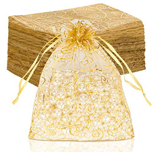 Staruby Organza Gift Bags 100Pcs Gold Sheer Organza Bag 5x7 Inch Mesh Favor Bags Drawstring Jewelry Rattan Printed Gift Pouches for Wedding Party Favors Couple Shower Gifts Candy Bags