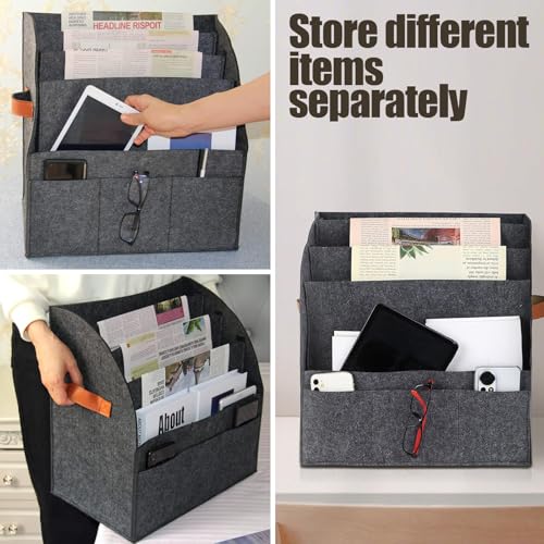 DHSWNNG 40x40x25cm Zeitschriftenständer, Filz Zeitungsständer Grau Modern Sammler Faltbarer Abnehmbare 4 Lagen Trennwand Zeitungskörbe 3 Kleine Taschen Zeitschriftensammler für Haus und Büro