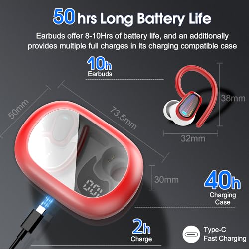 Image of Wireless Earbuds, Bluetooth 5.4 Headphones Sport, Over Ear Buds with ENC Noise Canceling Mic, Deep Bass Stereo Ear Buds with Hook, 50H Playback, LED Display, IP7 Earphones for Workout Running, Red