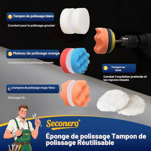 Seconero 143 Pièces Disques de Ponçage, Pad de 50mm 75mm avec Papier Poncer, Éponge Polissage, 75mm Grain 80 120 180 240 320 400 600 800 1000 1500 2000 3000 5000 pour Polir Métal, Bois, Verre & Auto – vue 5