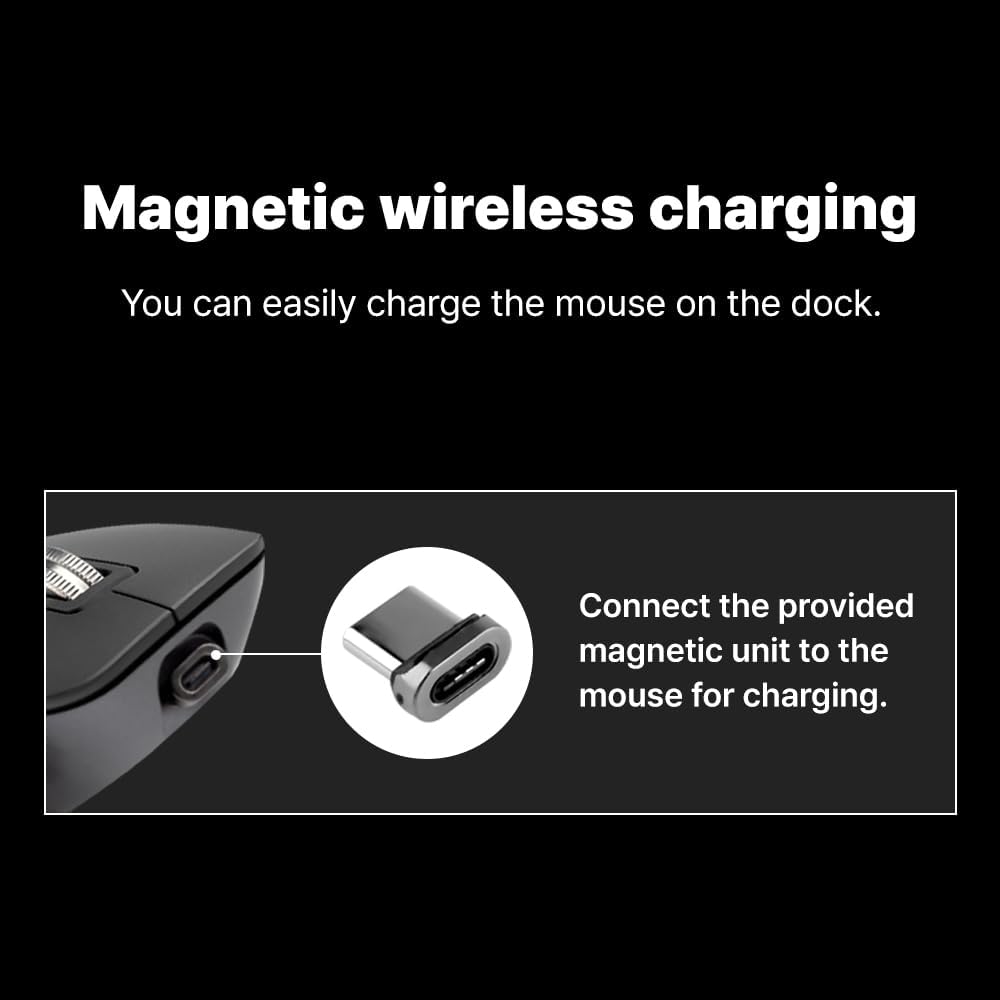 Close-up of a Logitech MX mouse with the magnetic USB-C unit inserted into its charging port.