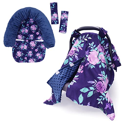 Image of Car Seat Cover & Carseat Headrest, Purple Flower Peekaboo Opening Minky Carseat Canopy Head Support & Seat Belt Cover, Car Accessories for Newborn Girls