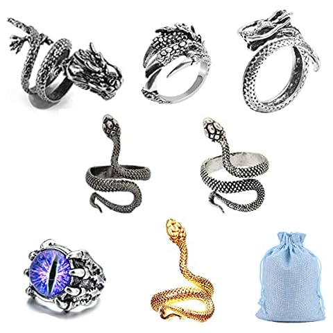 Jxuzh 7 Stück Herren Ringe Vintage Punk Öffnung Ringe Dragon Schlange Ring Fingerring Verstellbar Gothic Ring Set Vintage Punk Ringe Set Offene Ringe Vintage Ring Cover