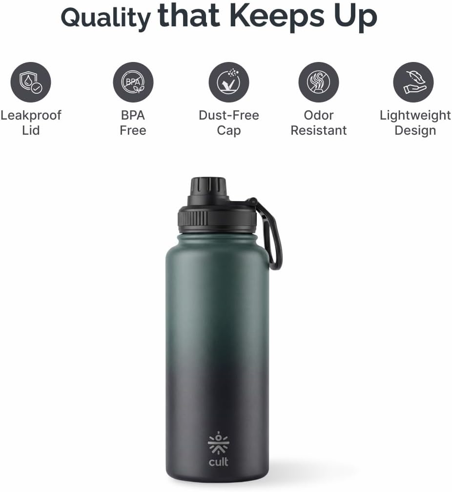 Cult 1L Stainless Steel Water Bottle with Sports Cap, Dual Wall Insulated, Leakproof, Black & Green, Durable Reusable Bottle for Gym, Travel & Daily Use