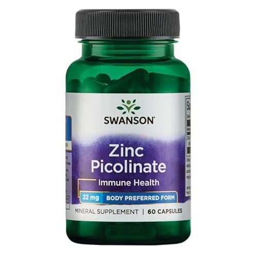 Swanson, Zinc Picolinate (Picolinate de Zinc), avec 22mg de Zinc Élémentaire, 60 Capsules, Hautement Dosé, Testé en Laboratoire, Sans Soja, Sans Gluten, Sans OGM Cover
