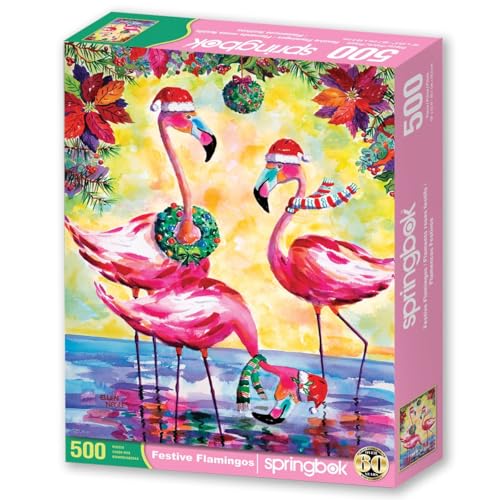 Rompecabezas Springbok Festive Flamingos de 500 piezas para adultos | Piezas de corte único, fabricado en EE. UU., materiales ecológicos con temática navideña tropical festiva miniatura 2