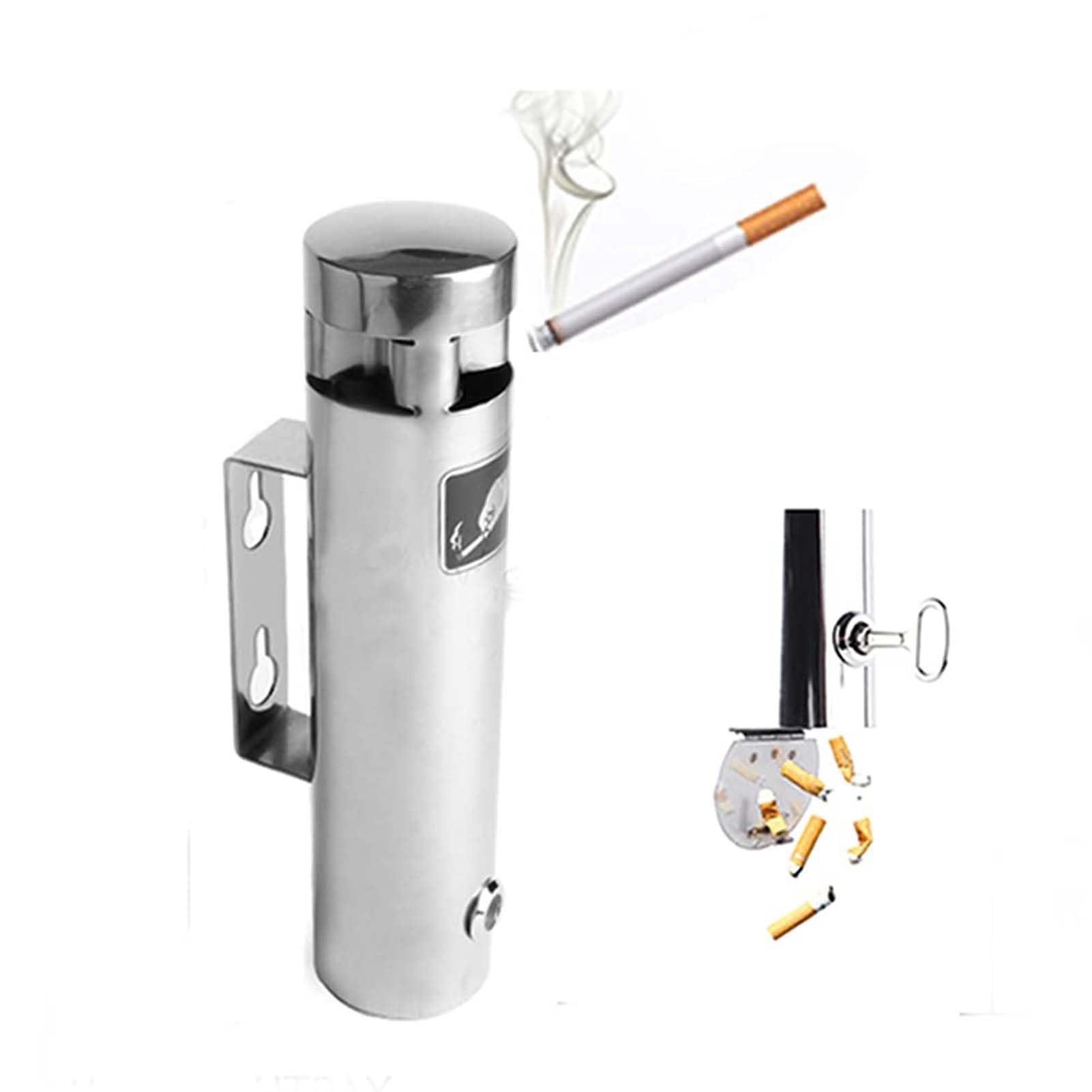 Outdoor Ash Tray Smoking Receptacles, Lockable Wall Mounted Ashtray Stainless Steel Cigarette Bin Creative Public Smokeless,Wall-mounted Cigarette Column