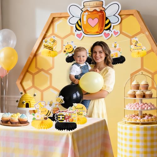 Image of 9pcs Happy 1st Bee Day Honeycomb Centerpieces Bumble Bee First Birthday Party Table Decorations It's My 1st Bee Day Table Centerpieces for Boy Baby Shower Sweet as can Bee Table Topper Sign Decors