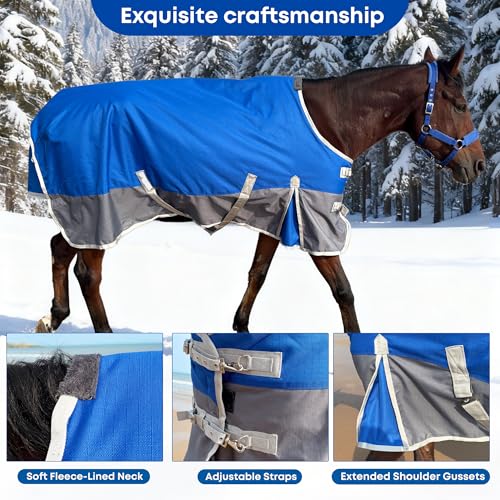 Horse Blanket for Winter, Waterproof, 1200D, 220g (Blue/Gray, 72 in)